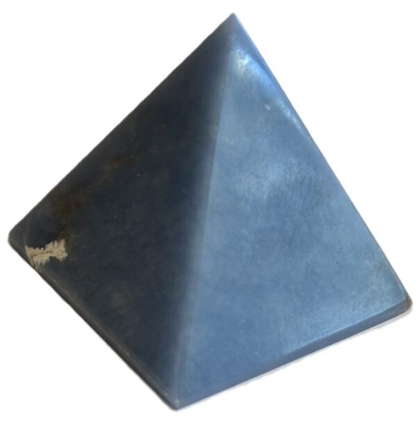 Polished natural angelite crystal pyramid 1 sians emporium Blue square based pyramid with three visible faces dark blue hue likely a solid plastic or stone object